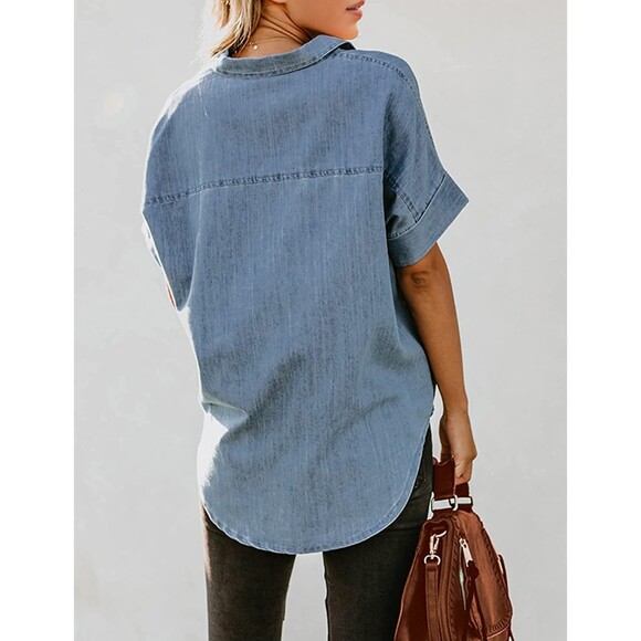 Button Down Casual Denim Button Down Short Sleeve Blouse With Pocket Sz XL - Picture 2 of 7